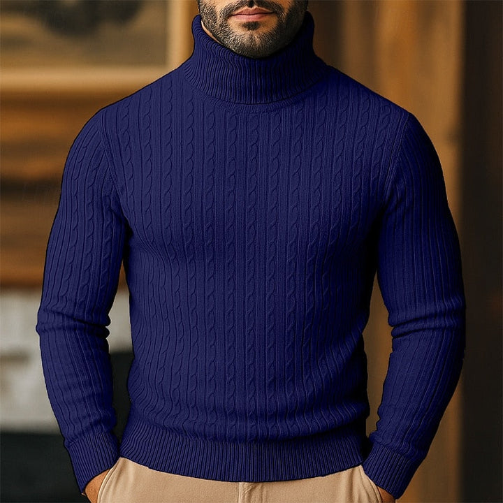 Men's cable knit turtleneck sweater with long sleeves and ribbed trims