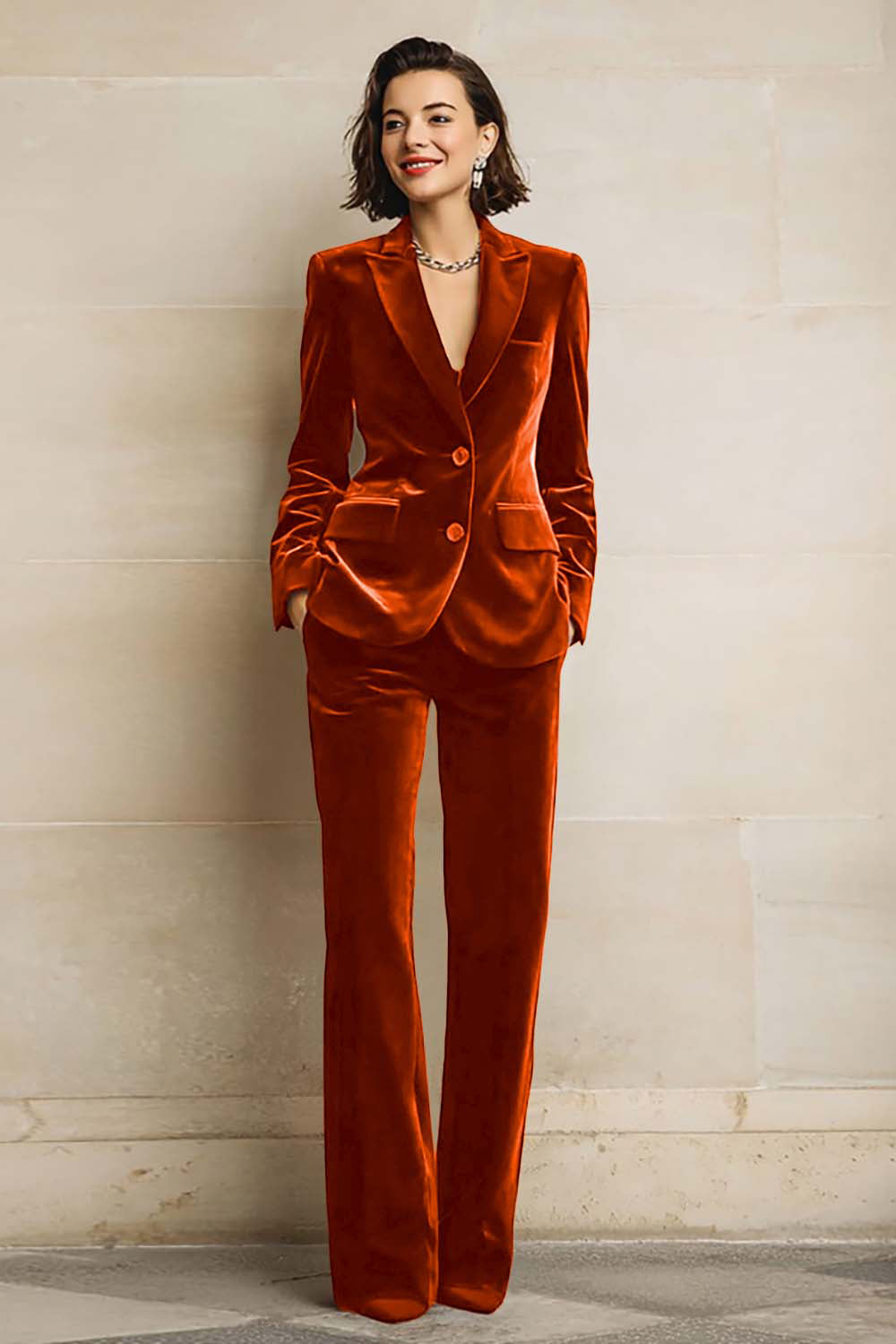Women's velvet two-piece suit with peak-lapel blazer and wide-leg trousers