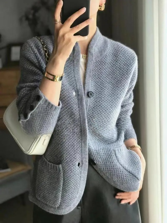 Women's textured knit cardigan jacket with buttons and front pockets