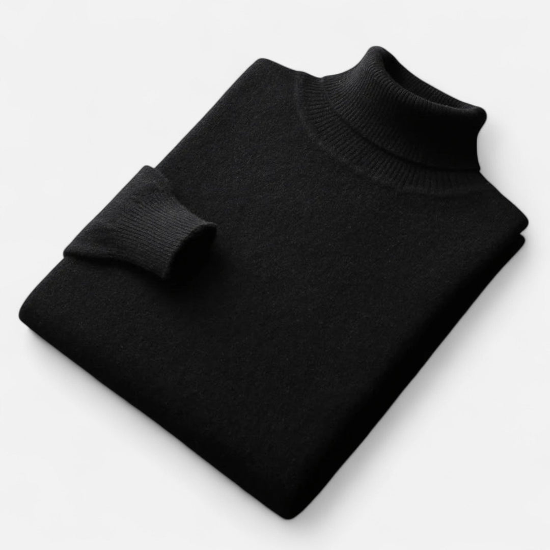Men's solid turtleneck sweater with long sleeves and ribbed trims