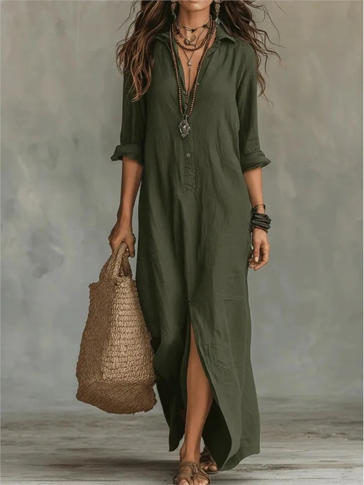 Women's maxi dress with collar and three-quarter sleeves, shown in white and black