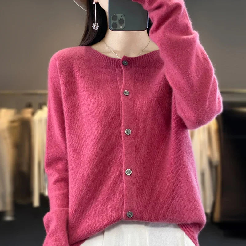 Women's crew neck knit cardigan with long sleeves and button front