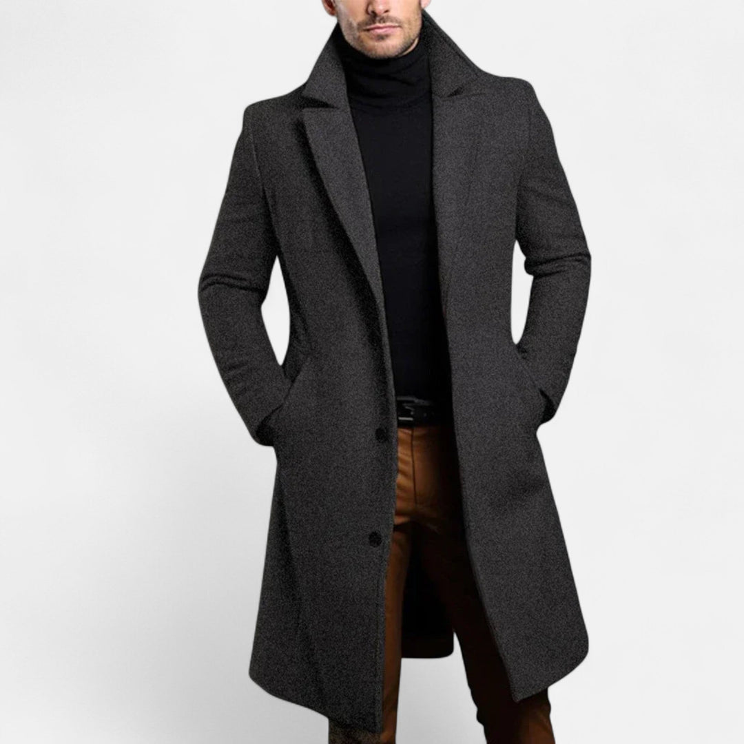 Men's long coat with notched lapels, long sleeves, button front and side pockets