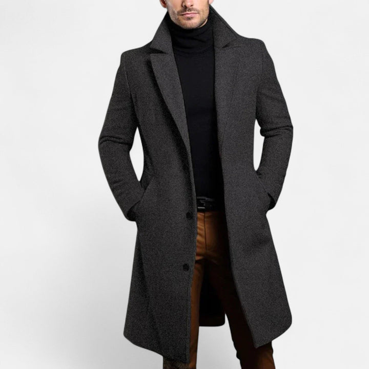 Men's long coat with notched lapels, long sleeves, button front and side pockets