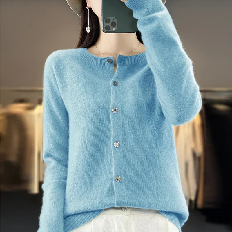 Women's crew neck knit cardigan with long sleeves and button front