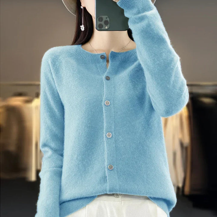 Women's crew neck knit cardigan with long sleeves and button front