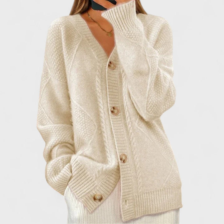 Women's textured knit cardigan with buttons and front pockets