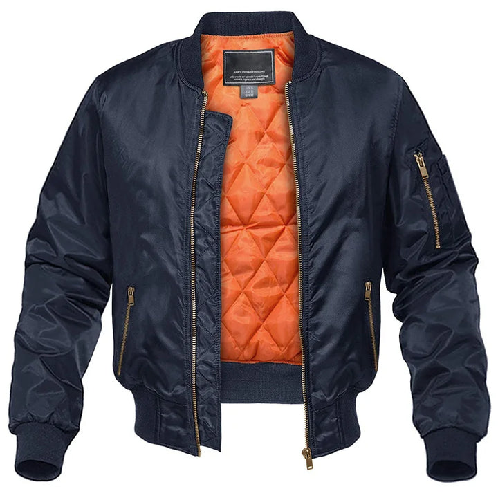 Men's quilted bomber jacket with stand collar, long sleeves and zip pockets