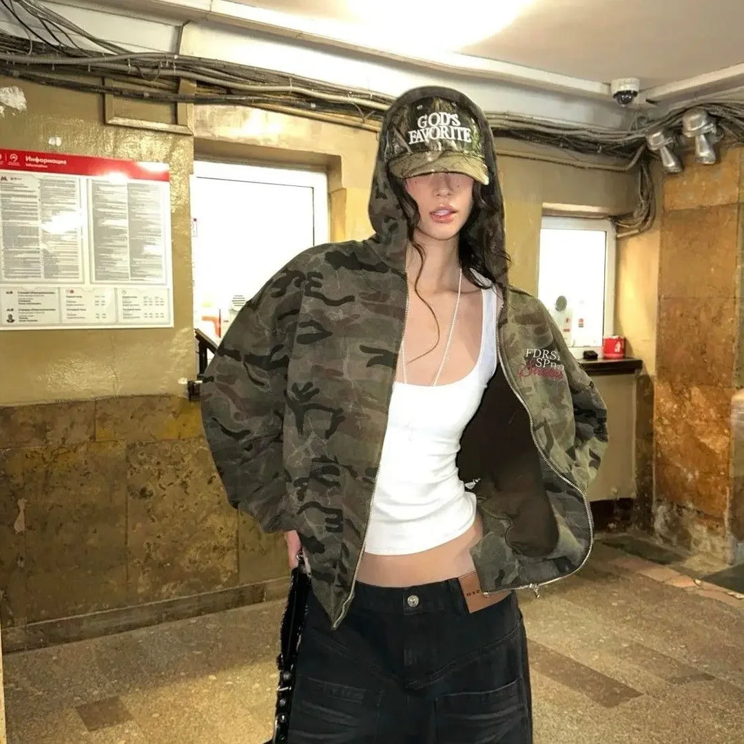 Women's brown camouflage zip hoodie with hood and red sleeve detail