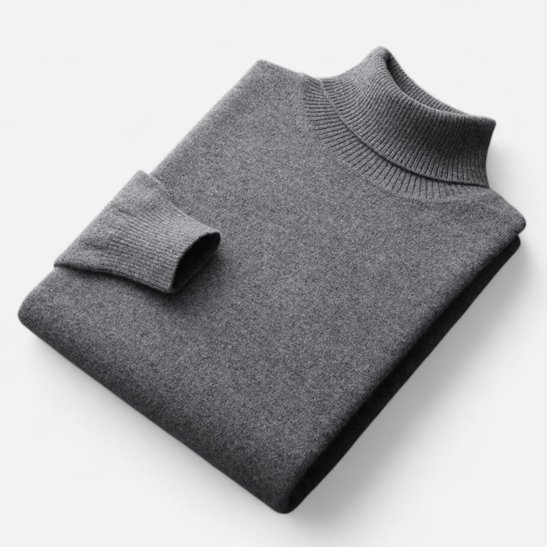Men's solid turtleneck sweater with long sleeves and ribbed trims