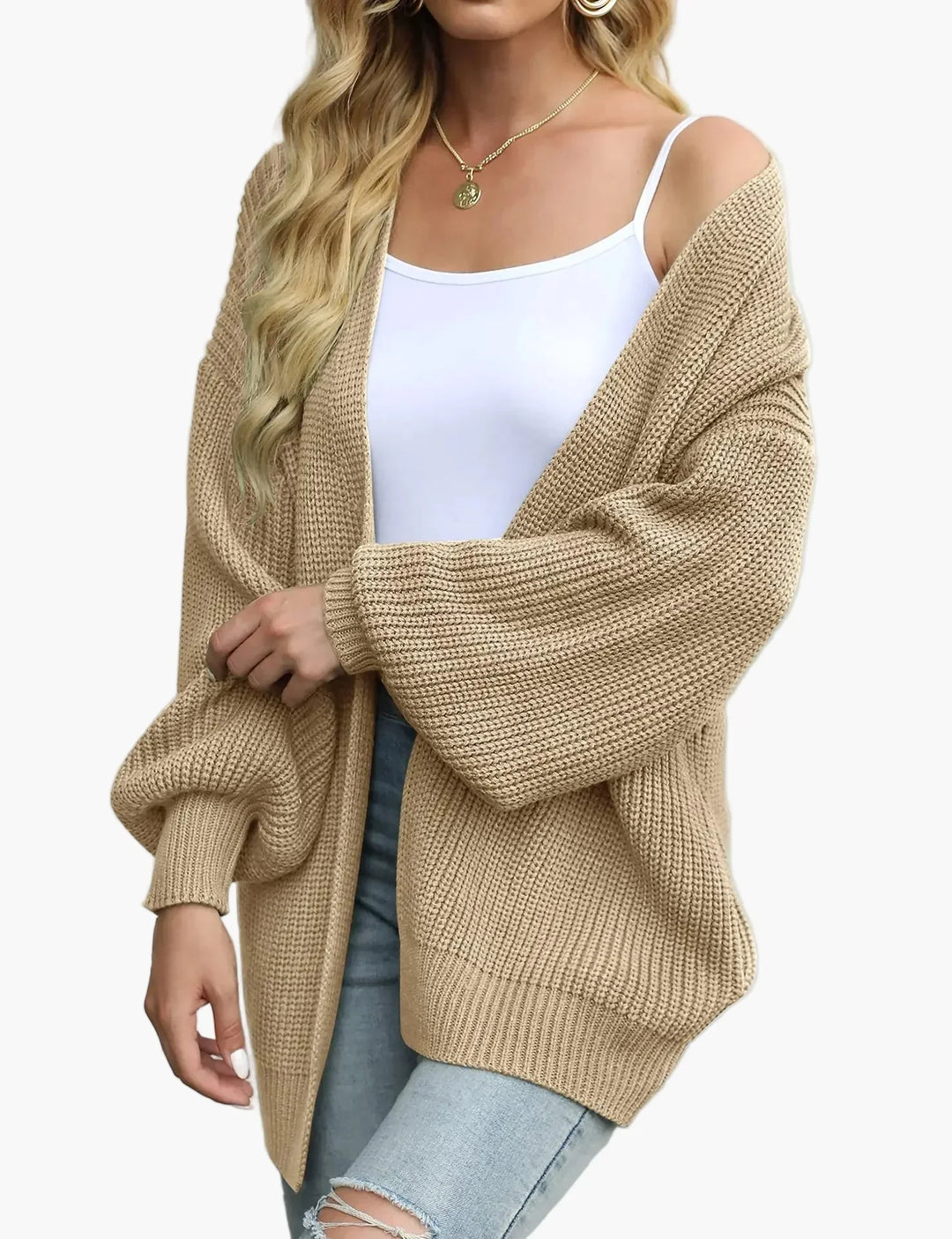 Women's oversized textured knit cardigan with open front and long sleeves