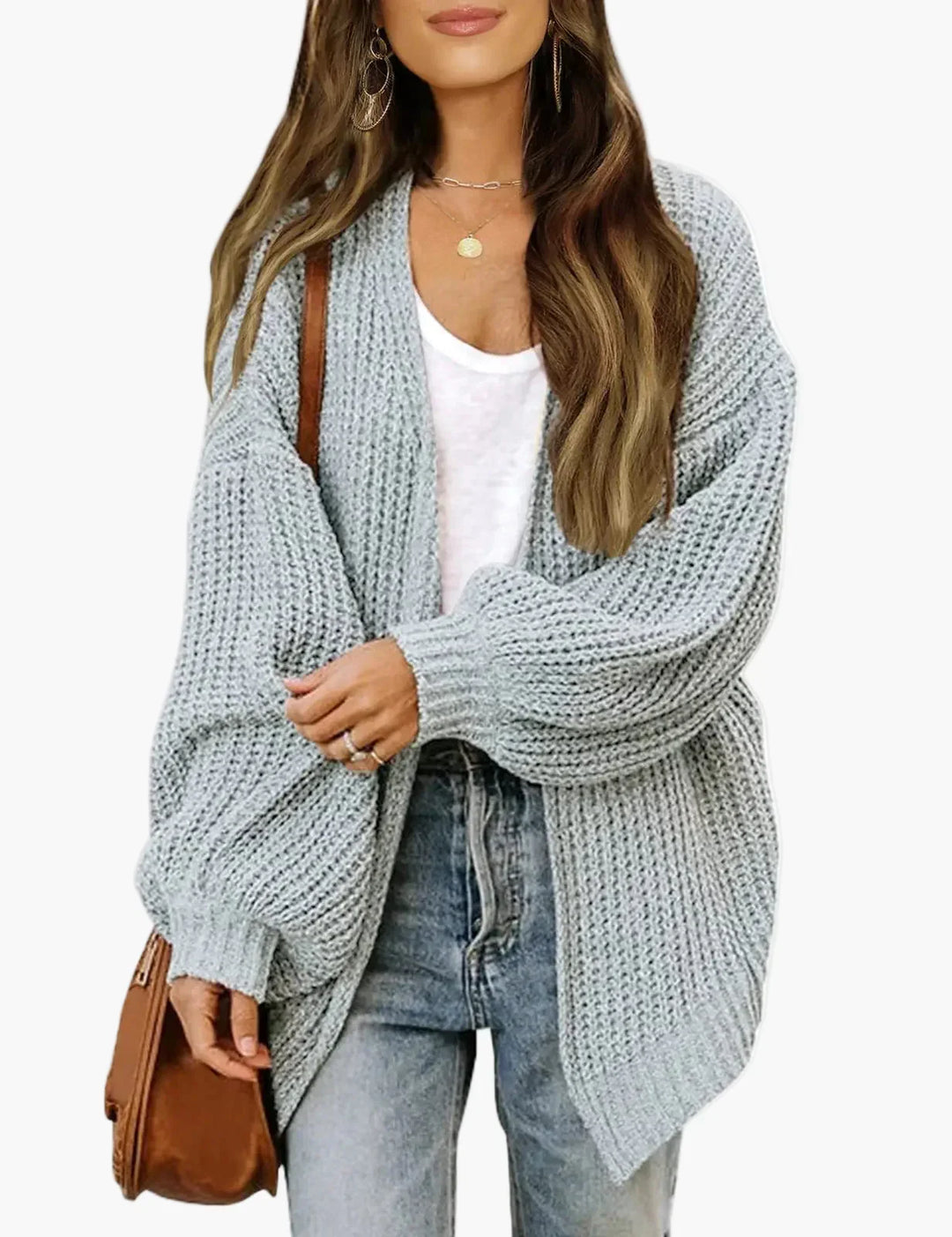 Women's oversized textured knit cardigan with open front and long sleeves