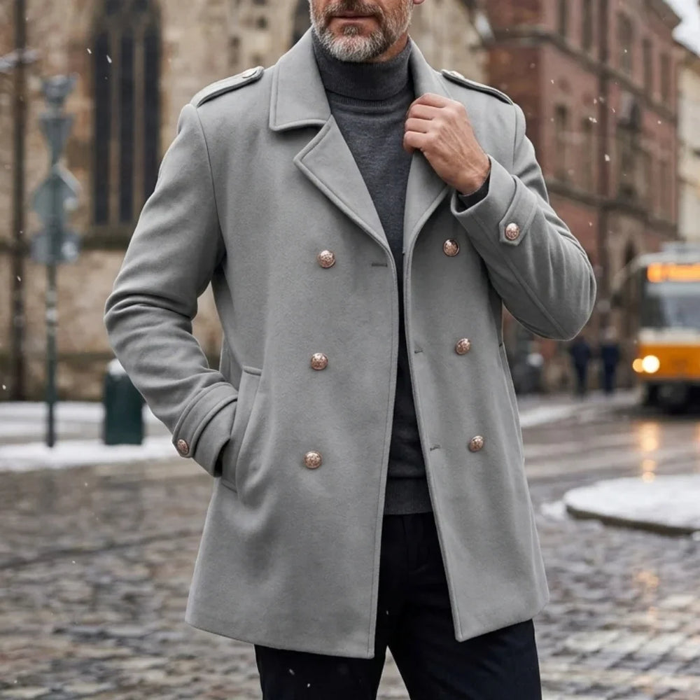Men's double-breasted winter coat with notched lapels and button details
