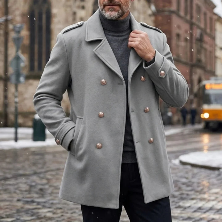 Men's double-breasted winter coat with notched lapels and button details