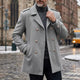 Men's double-breasted winter coat with notched lapels and button details