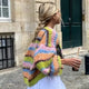 Women's multicolour striped open front knitted cardigan with long balloon sleeves