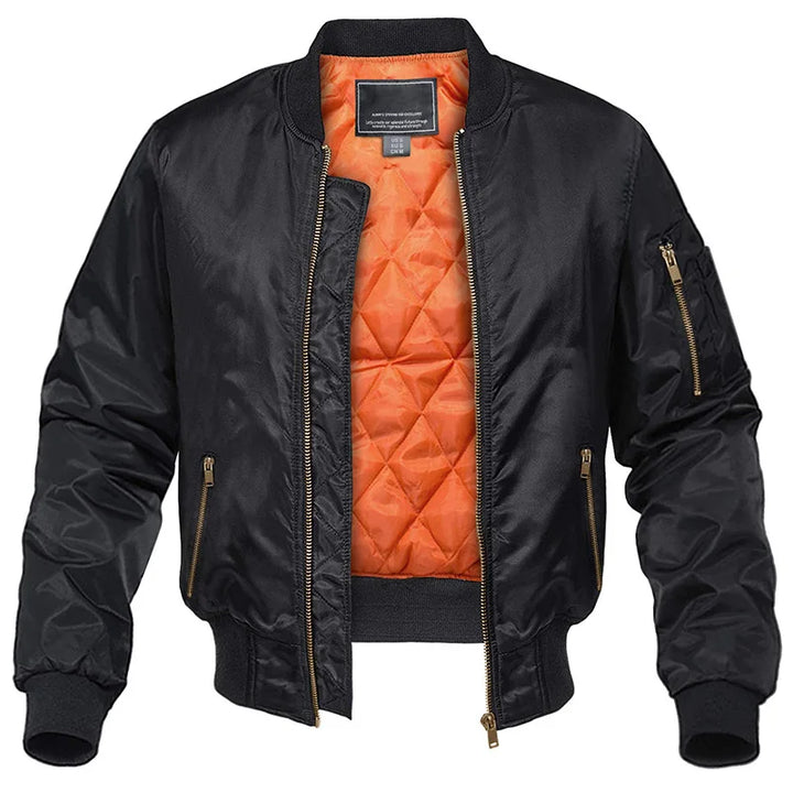 Men's quilted bomber jacket with stand collar, long sleeves and zip pockets