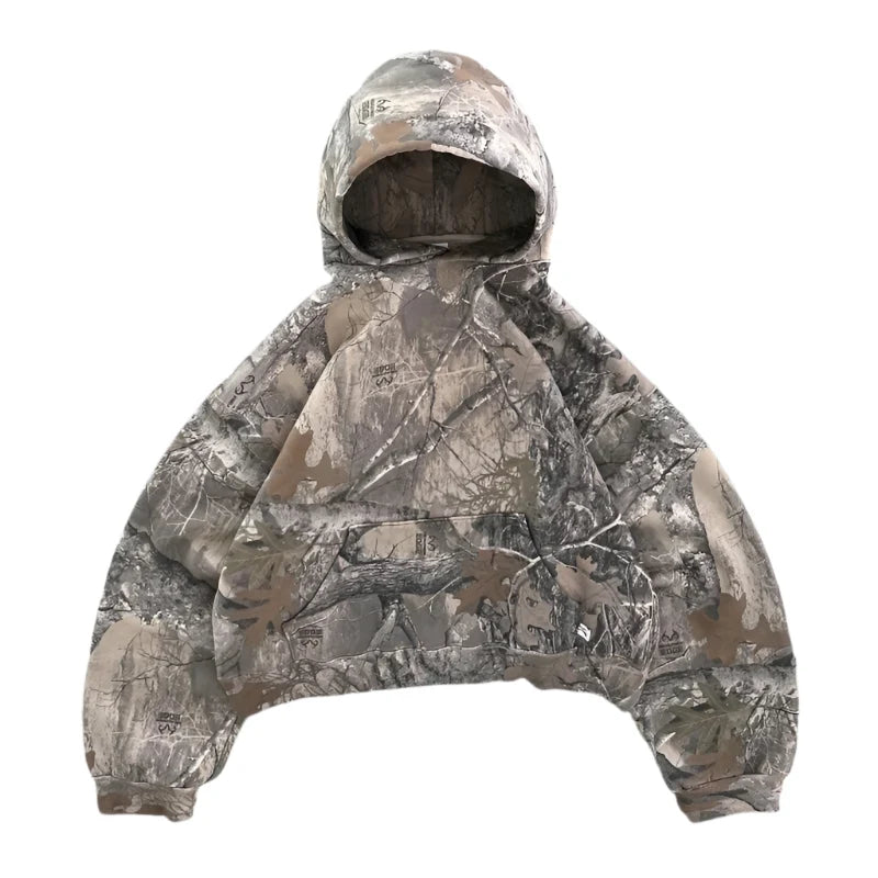 Camouflage hooded pullover with full front zipper and long sleeves