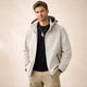 Men's hooded zip front jacket with long sleeves and zipped pockets