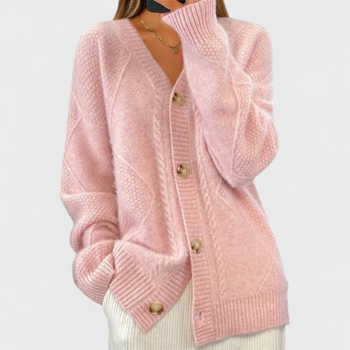 Women's textured knit cardigan with buttons and front pockets