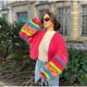 Women's multicolour striped open front knitted cardigan with long balloon sleeves