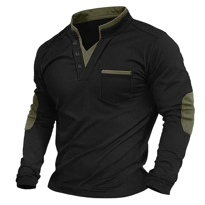 Men's long-sleeve stand-collar sweatshirt with button placket, chest pocket and contrasting elbow panels