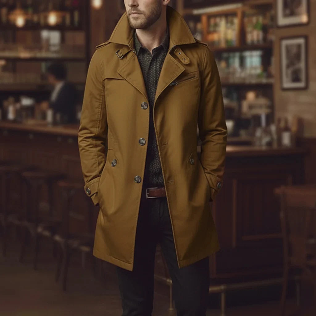 Men's slim trench coat with notched collar, button front, epaulettes and long sleeves