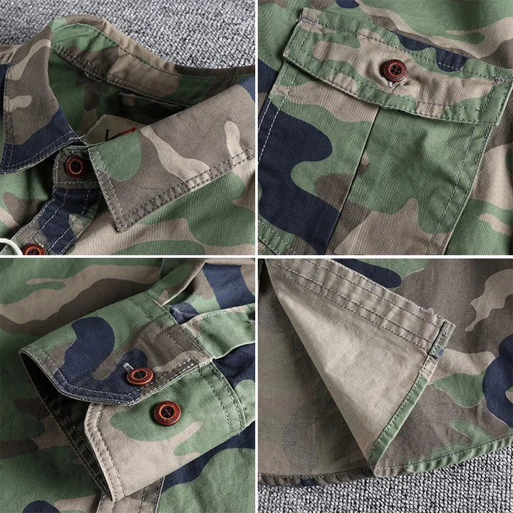 Long-sleeve camouflage button-up shirt with two chest pockets