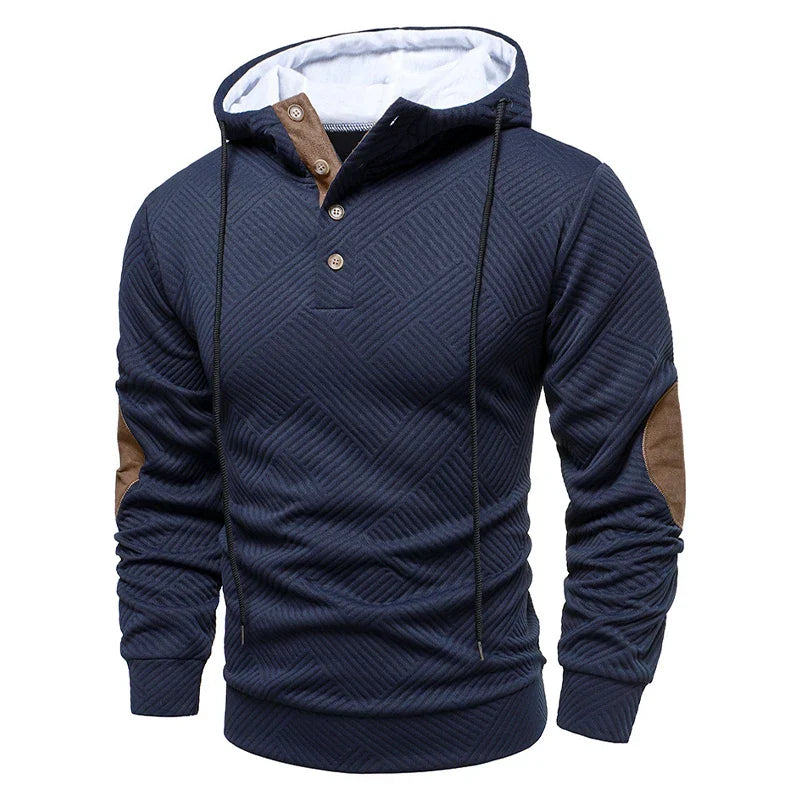 Men's textured hooded pullover with button placket and contrasting elbow panels