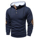 Men's textured hooded pullover with button placket and contrasting elbow panels