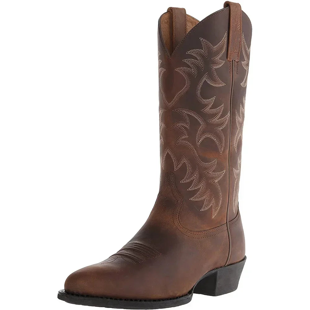 Men's cowboy boots with embroidered shaft, pointed toe and low heel