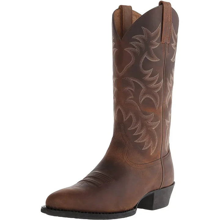 Men's cowboy boots with embroidered shaft, pointed toe and low heel