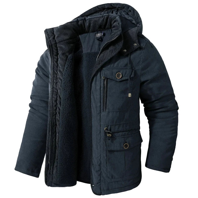 Men's hooded fleece-lined winter parka with utility pockets