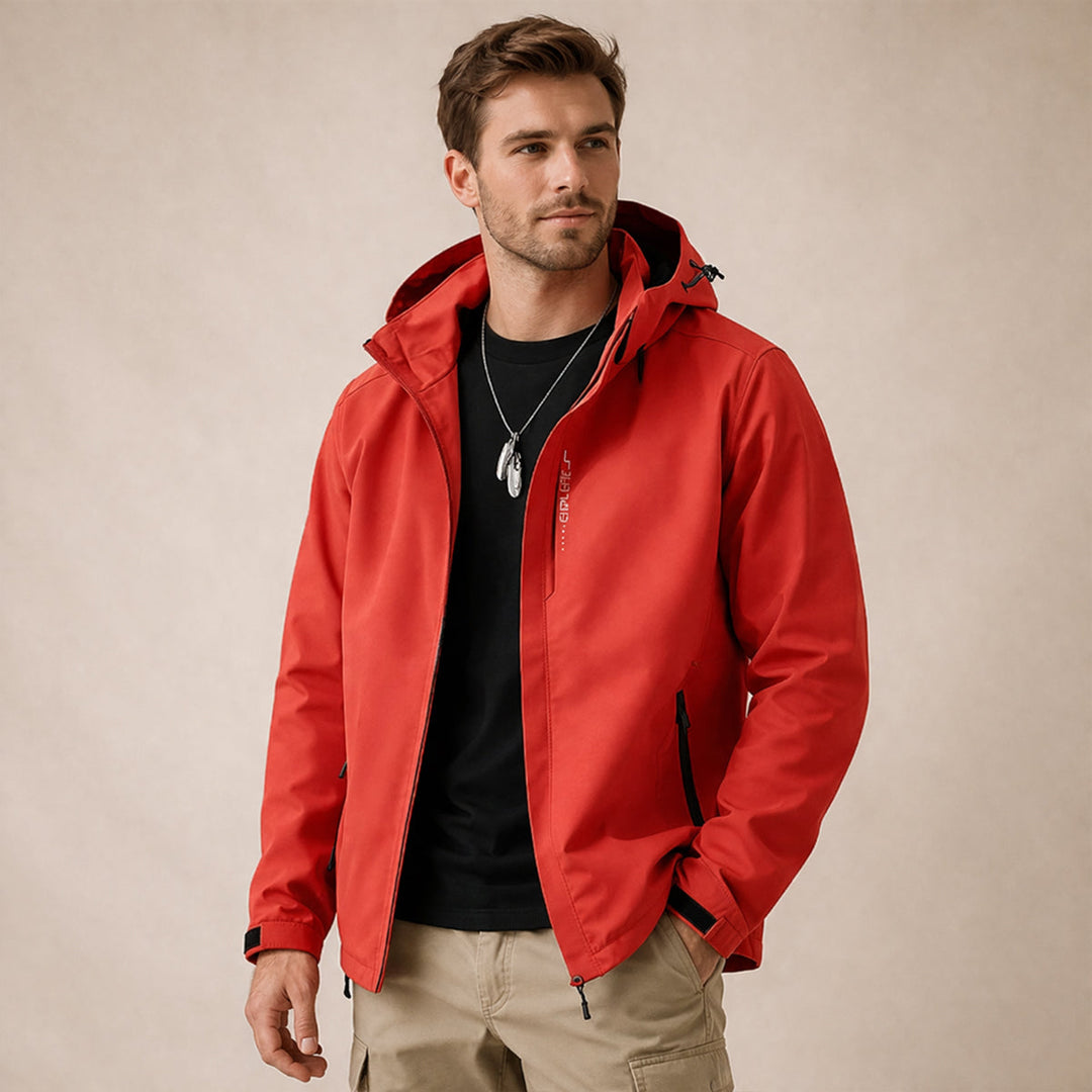 Men's hooded zip front jacket with long sleeves and zipped pockets