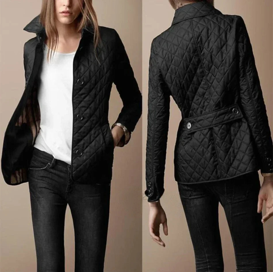 Women's diamond quilted jacket with button front and turn-down collar