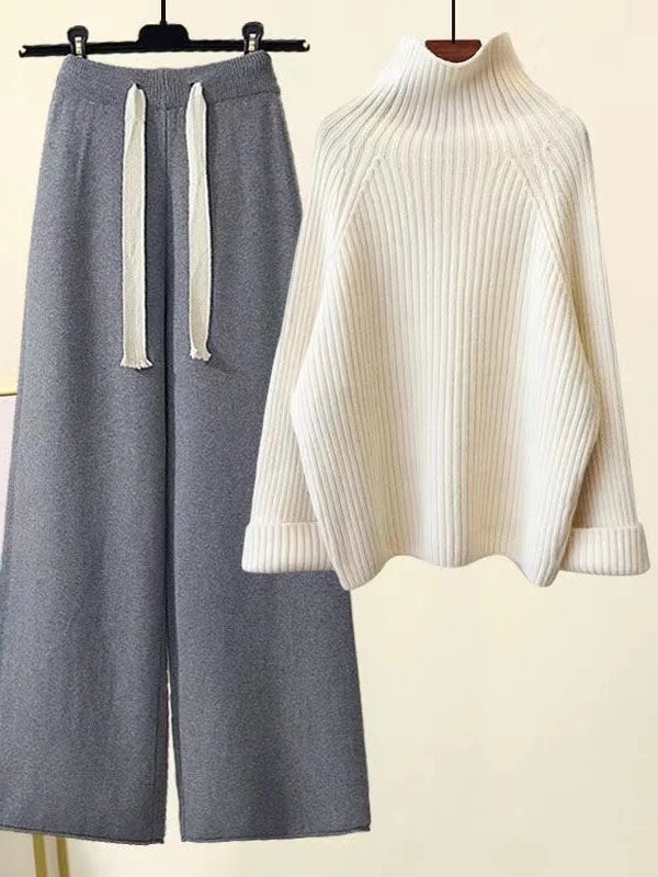Women's ribbed turtleneck sweater and wide leg trouser set