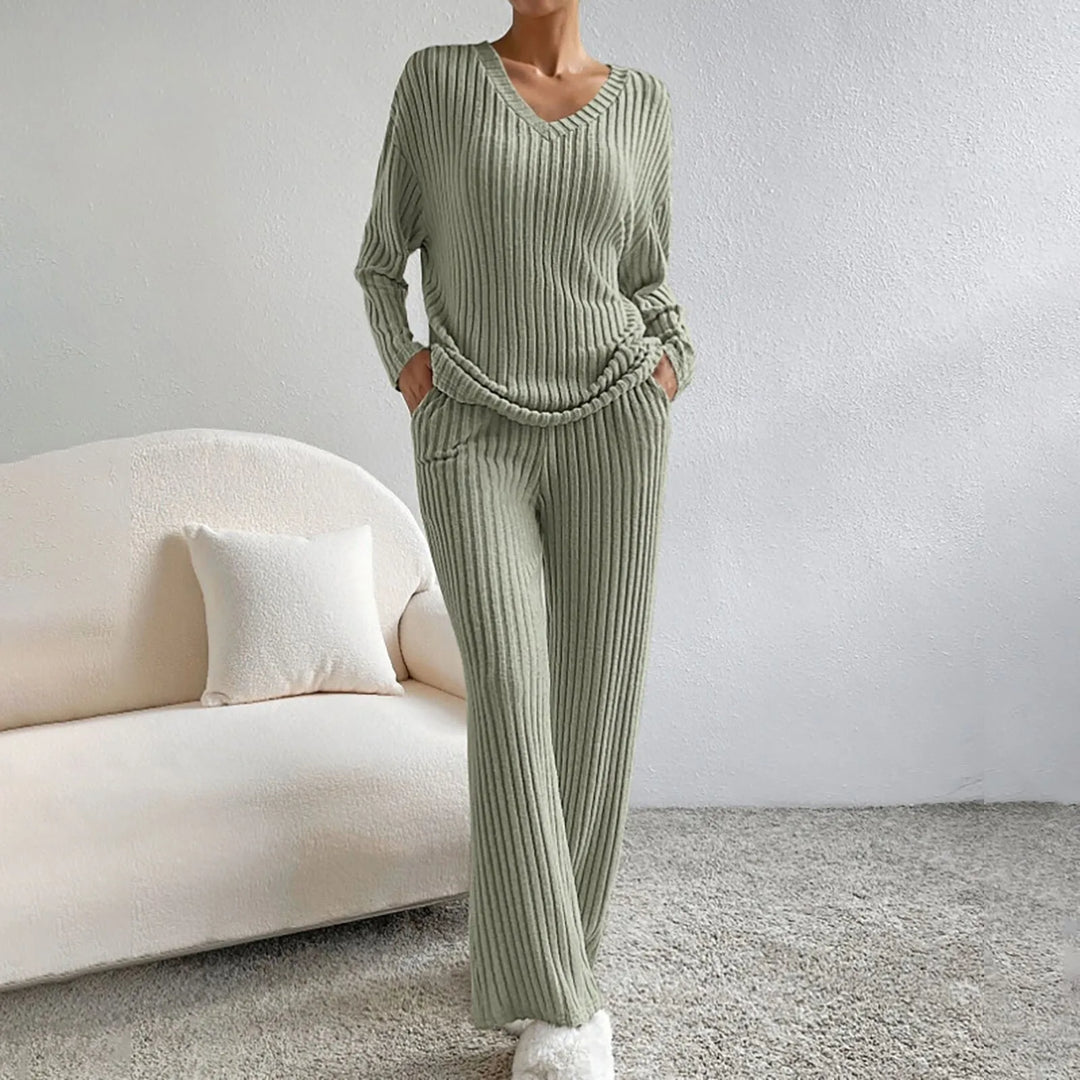 Women's ribbed two-piece lounge set with V-neck long-sleeved top and wide-leg trousers