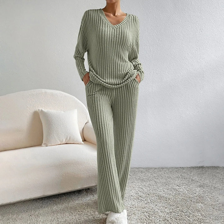 Women's ribbed two-piece lounge set with V-neck long-sleeved top and wide-leg trousers