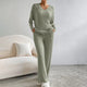 Women's ribbed two-piece lounge set with V-neck long-sleeved top and wide-leg trousers