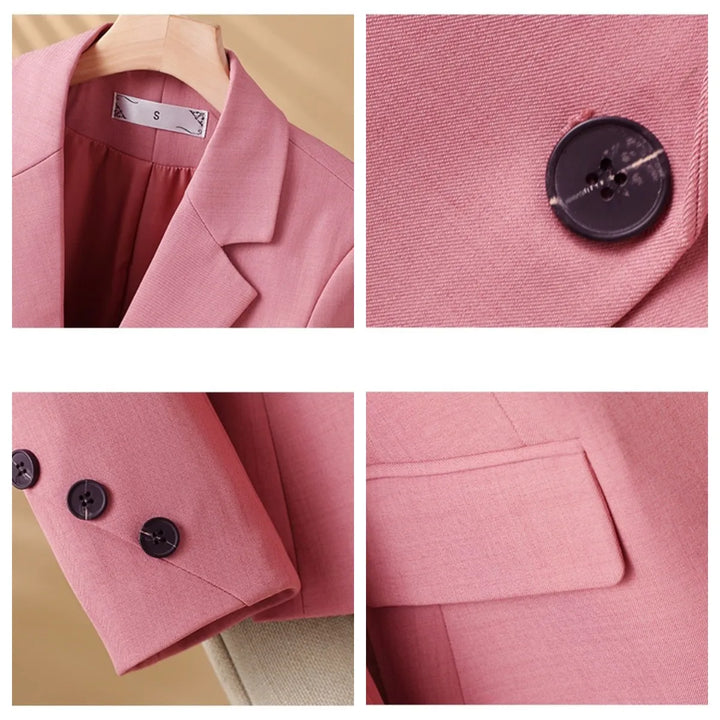 Women's tailored single-breasted blazer with notched lapels and flap pockets
