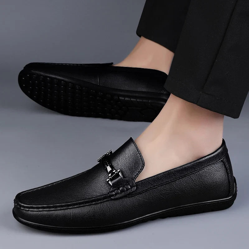 Men's slip-on loafers with moc toe and decorative vamp strap