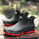 Pull-on terrain ankle boots with stitched panels and chunky textured soles