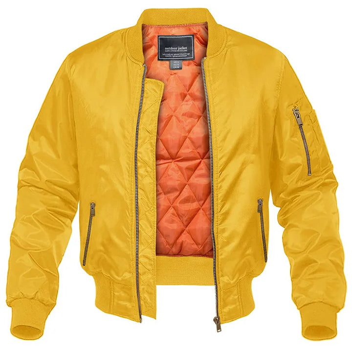 Men's quilted bomber jacket with stand collar, long sleeves and zip pockets