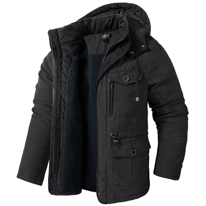Men's hooded fleece-lined winter parka with utility pockets