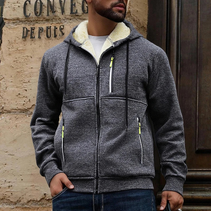 Men's hooded zip-up hoodie with light pile lining and zipped pockets