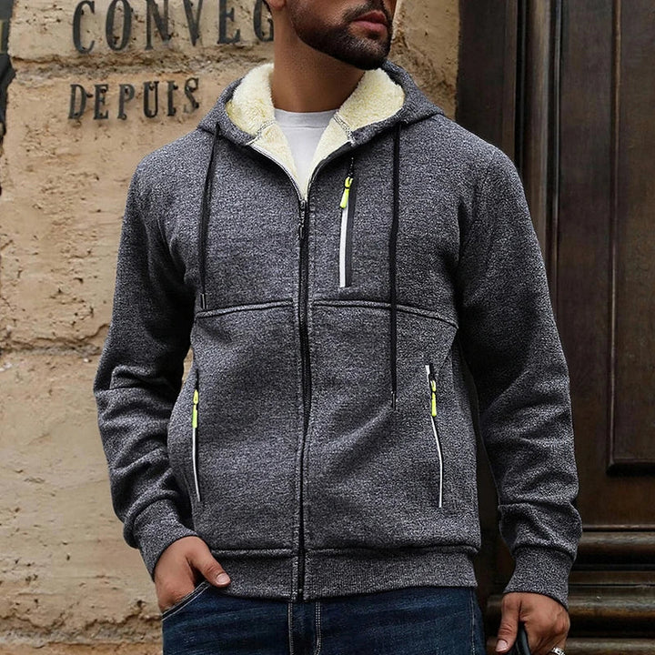 Men's hooded zip-up hoodie with light pile lining and zipped pockets