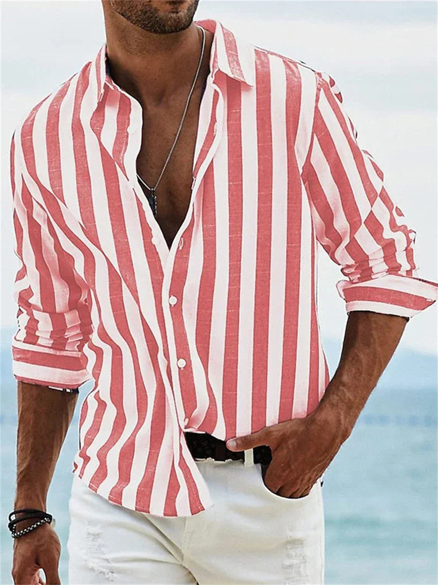 Men's relaxed shirt with vertical blue and white stripes, three-quarter sleeves