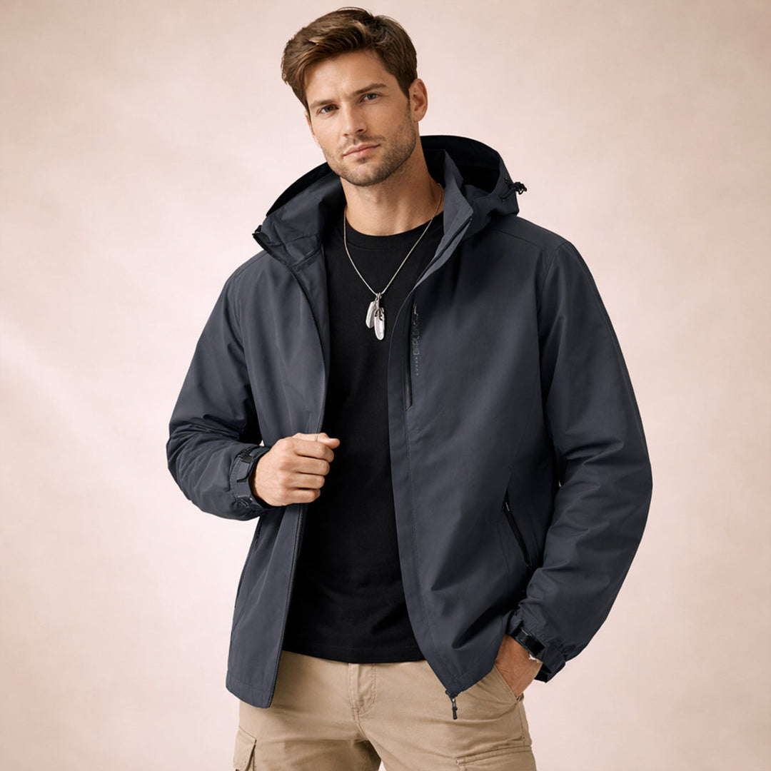 Men's hooded zip front jacket with long sleeves and zipped pockets