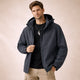 Men's hooded zip front jacket with long sleeves and zipped pockets