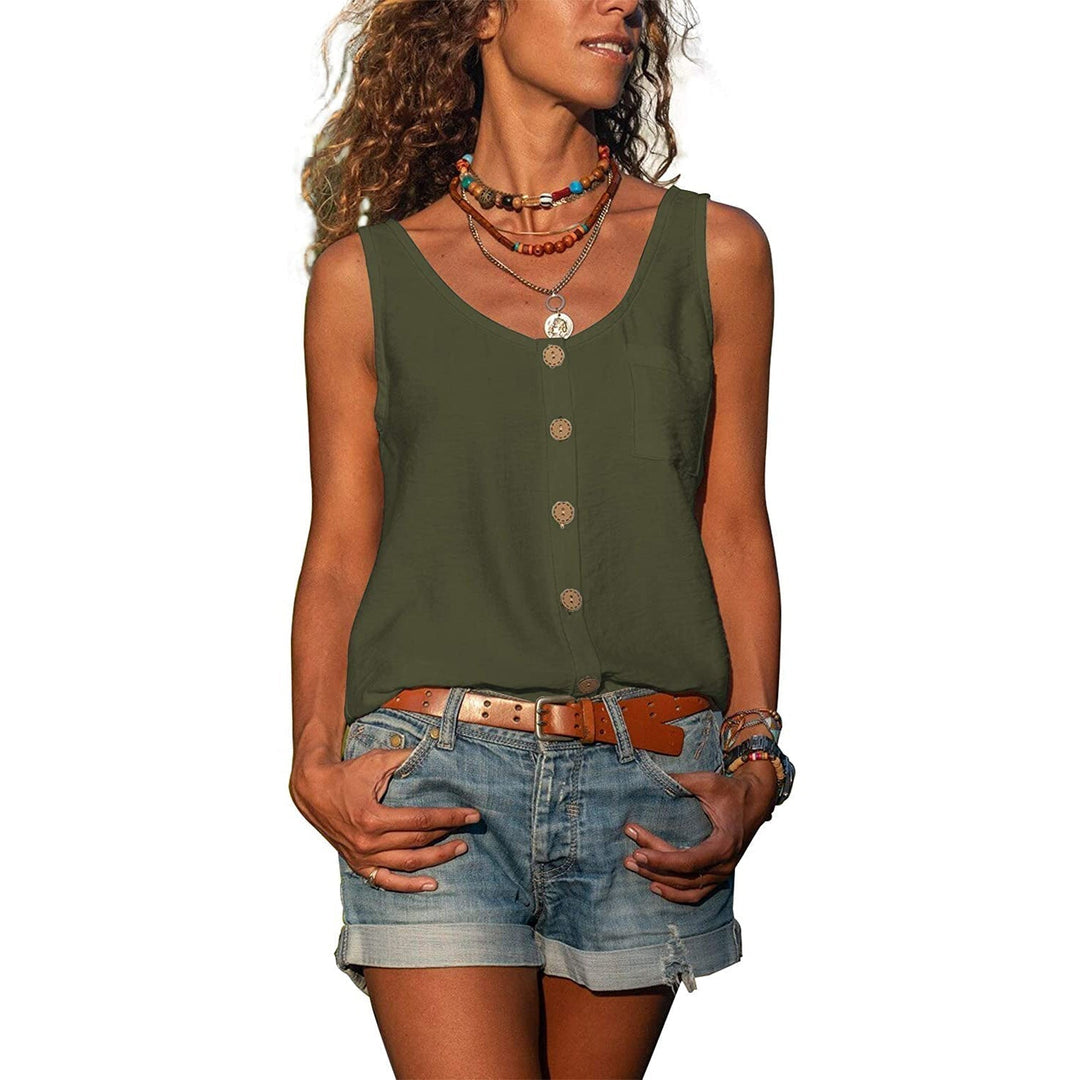 Women's grey sleeveless tank top with V-neck and decorative button front